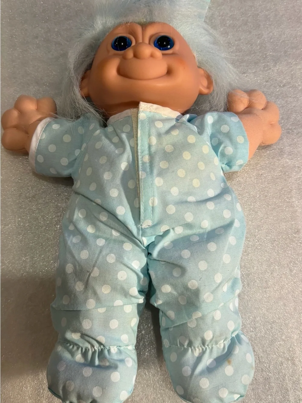 Plush Baby Doll in Light Blue Polka Dot Pajamas